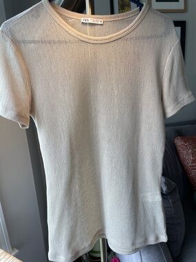 ZARA Cream Short Sleeve Knit Top
